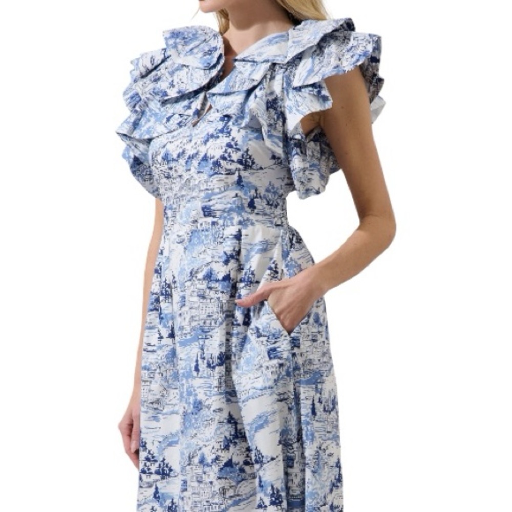Sugarlips Francine Toile Sky Santana Tie Back Ruffle Midi Dress Blue White Sz M - Picture 8 of 8
